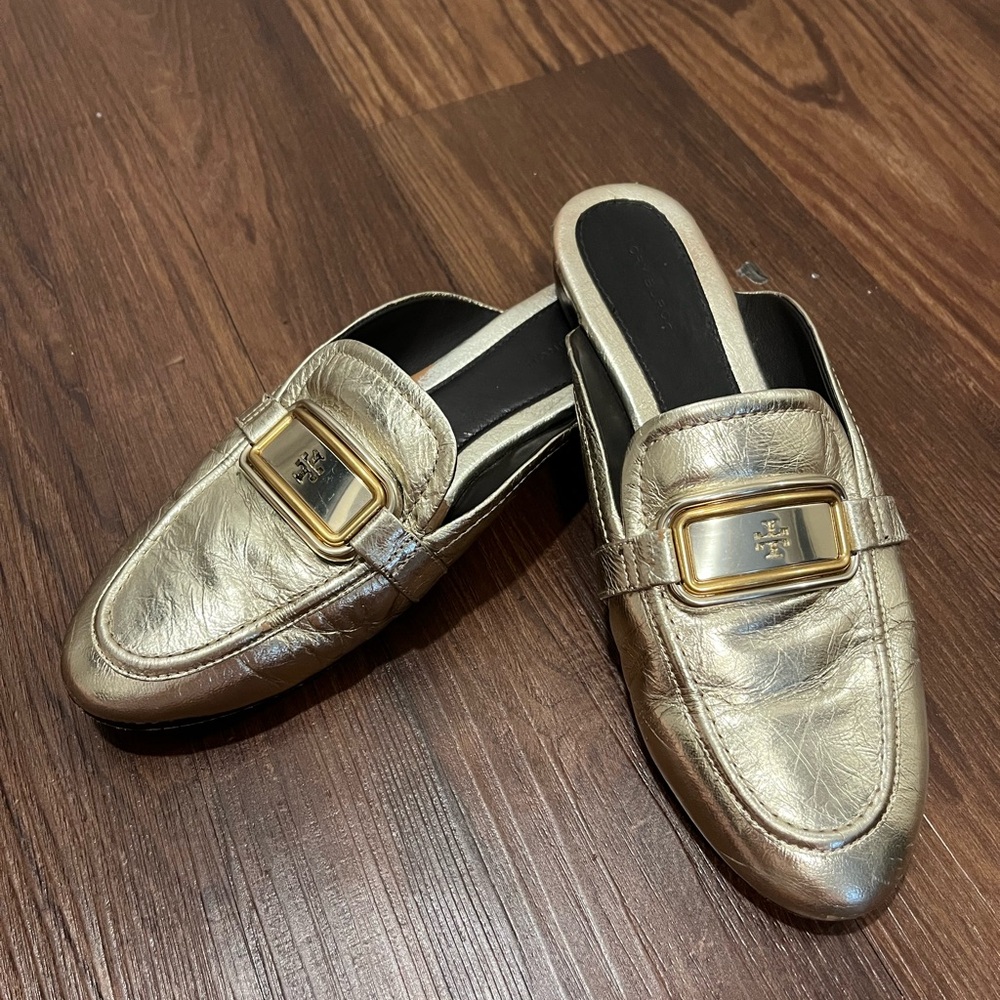 Tory Burch Metallic Gold Leather Backless Loafers with Buckle